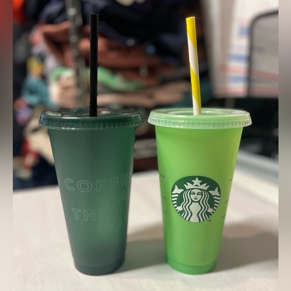 2 Starbucks Venti Reusable Cold Cups Green Logo + “Coffee All The Way” W/Straws